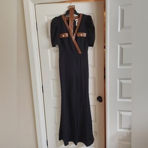 Black w/Brown faux Leather trim jumpsuit NWT Detachable belt Pearl/Gold button